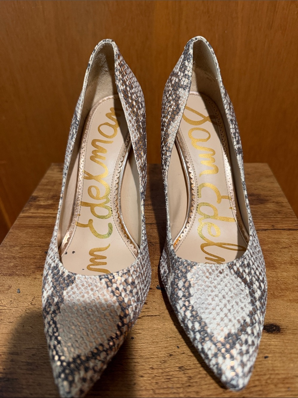 Sam Edelman Beige and Brown Snake-Print Pointed Toe Pumps
